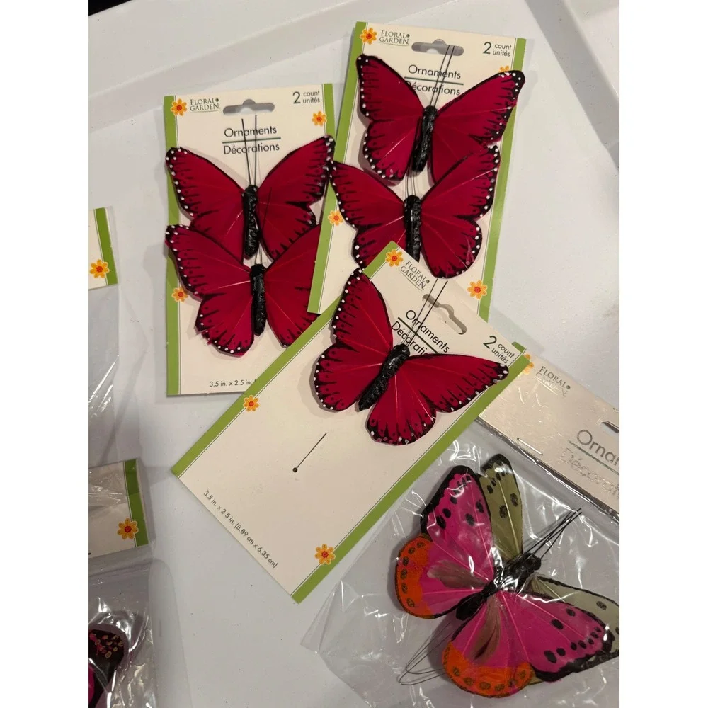 Floral Garden Butterfly Ornaments Pink Red Feather Picks Set of 9 NEW